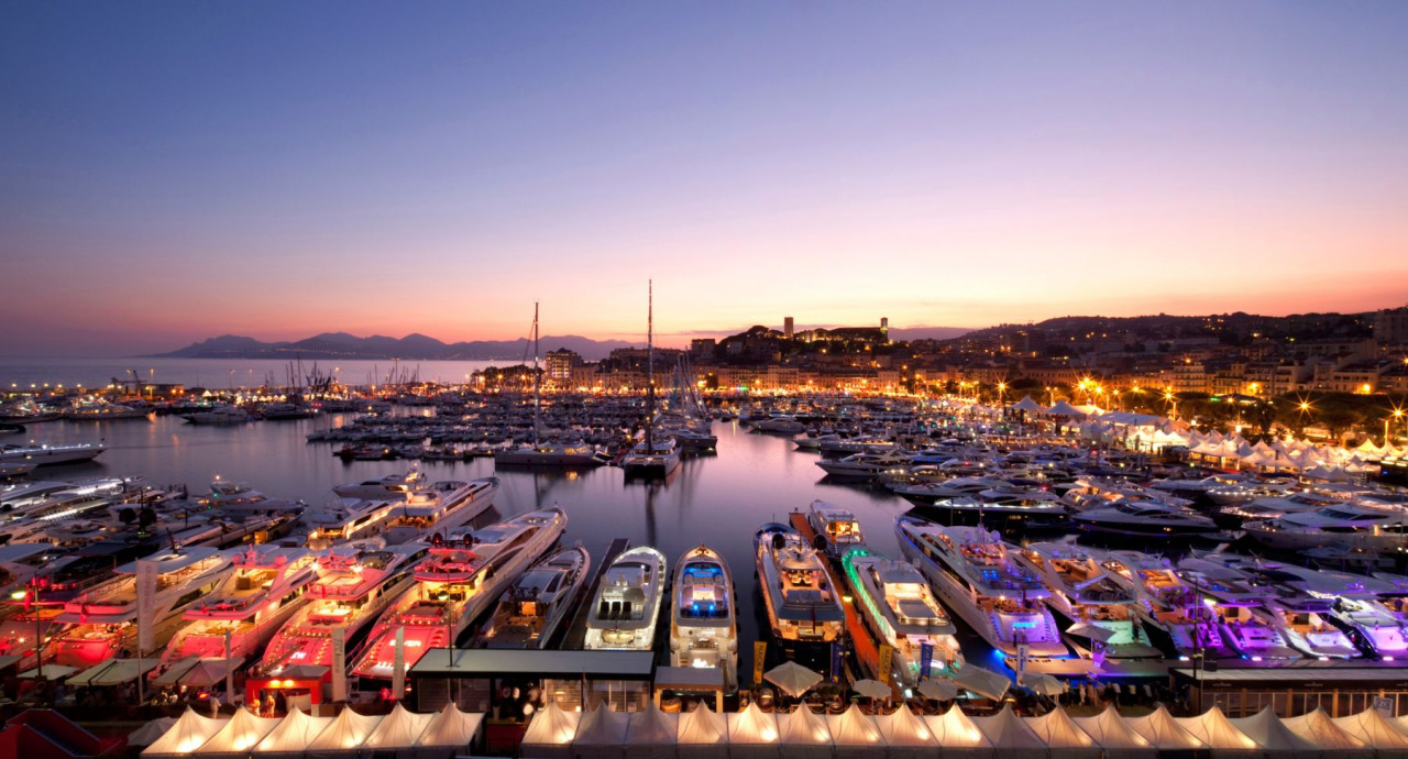 Superyachts in Cannes harbour during Film Festival
