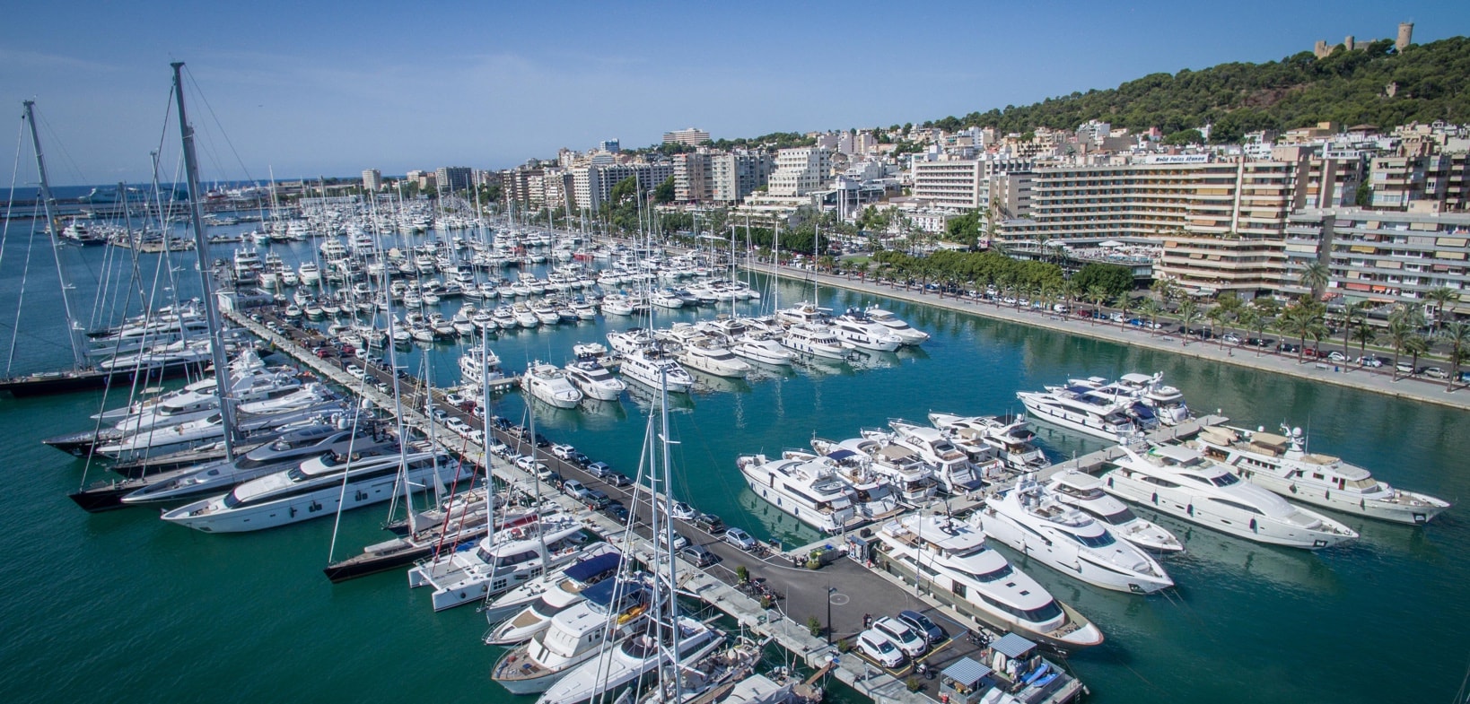 Aerial view of Marina Cuarentena in Palma de Mallorca with luxury yachts at berth